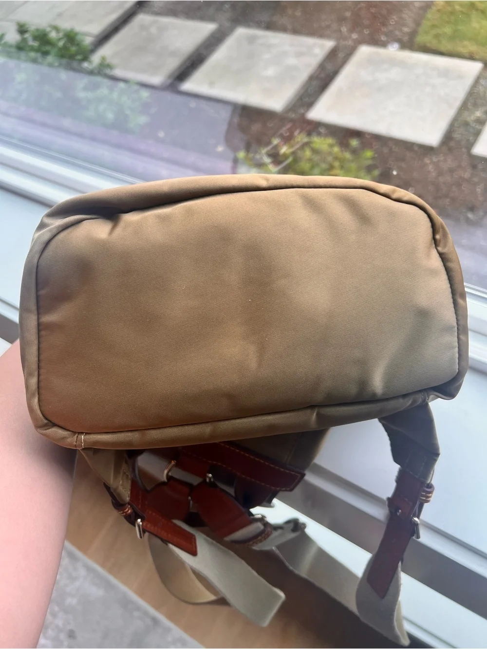 Dooney & Bourke Tan Olive Nylon and Brown Leather top  Old Money Style Backpack